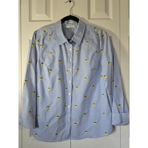 Lemon Way Womens Large Blue White Striped Lemon Embroidered Button Down Shirt